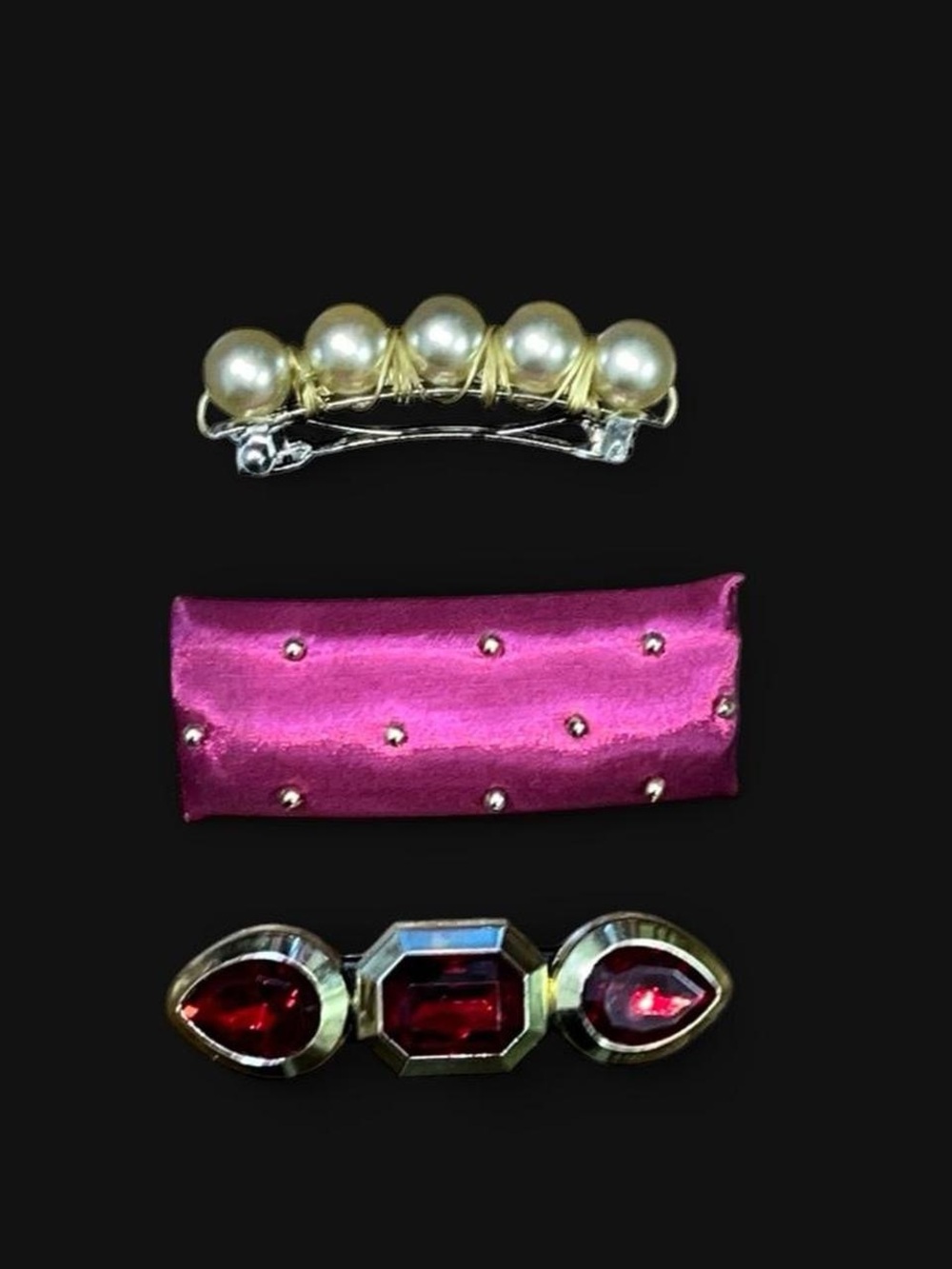 Pearl and Gem Trio Hair Clip Set - Pink and Red Accent